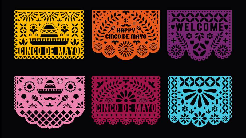 Papel Picado cards set. Mexican paper decorations for party. Cut out compositions for paper garland. May 5, mexican holiday Cinco de mayo.