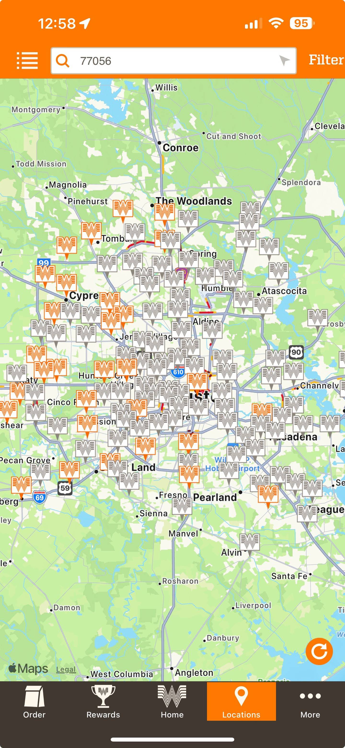 Whataburger app showing locations of closed and open restaurants during Beryl