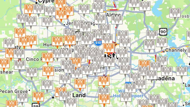 Whataburger app showing locations of closed and open restaurants during Beryl