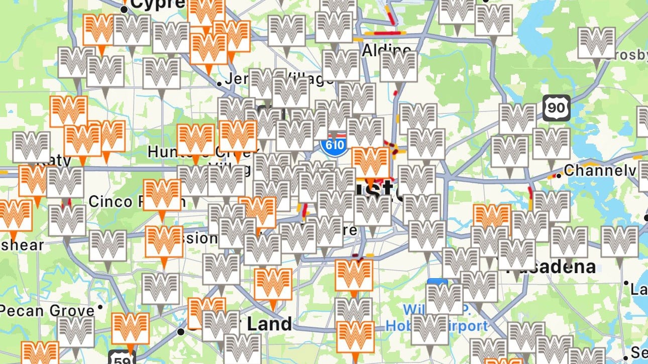Whataburger app showing locations of closed and open restaurants during Beryl