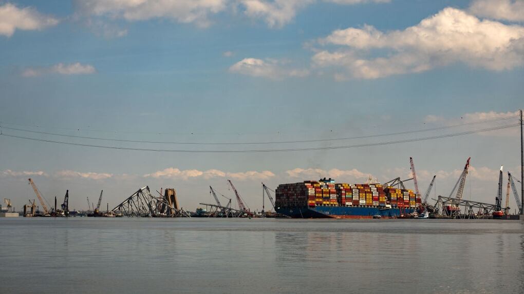 wreckage of collapsed Francis Scott Key Bridge