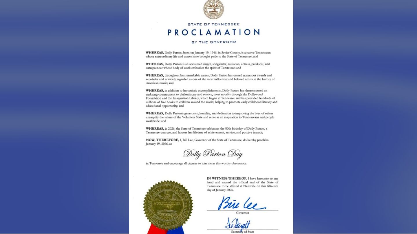 Tennessee Gov. Bill Lee proclaimed Jan. 19, 2026, as "Dolly Parton Day" to recognize the iconic singer from the Volunteer State.
